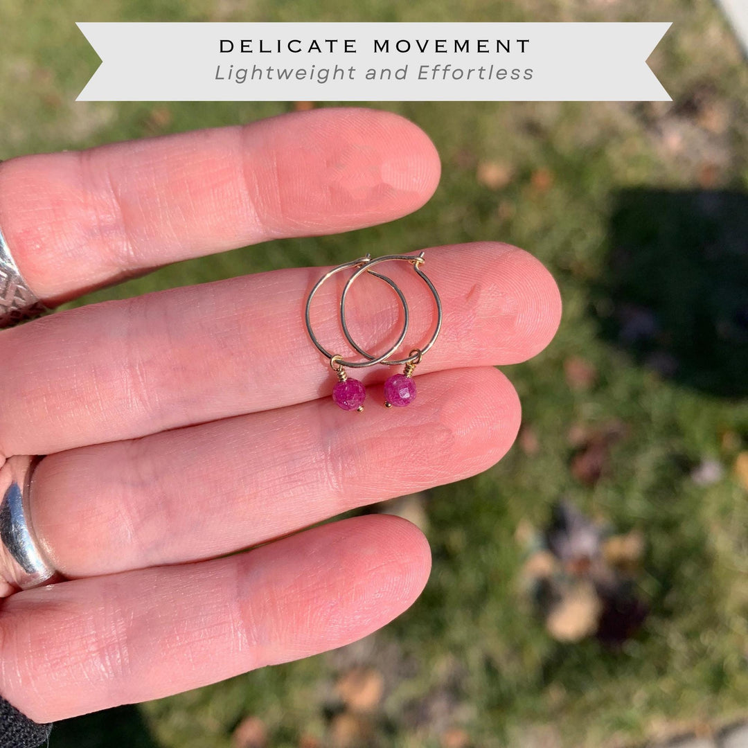 Ruby Hoop Earrings | Sterling Silver, Yellow or Rose Gold | July Birthstone Gift - SunlightSilver