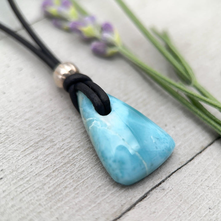 Larimar Crystal and Black Leather Pendant Necklace | Genuine Larimar & Sterling Silver Jewelry - SunlightSilver