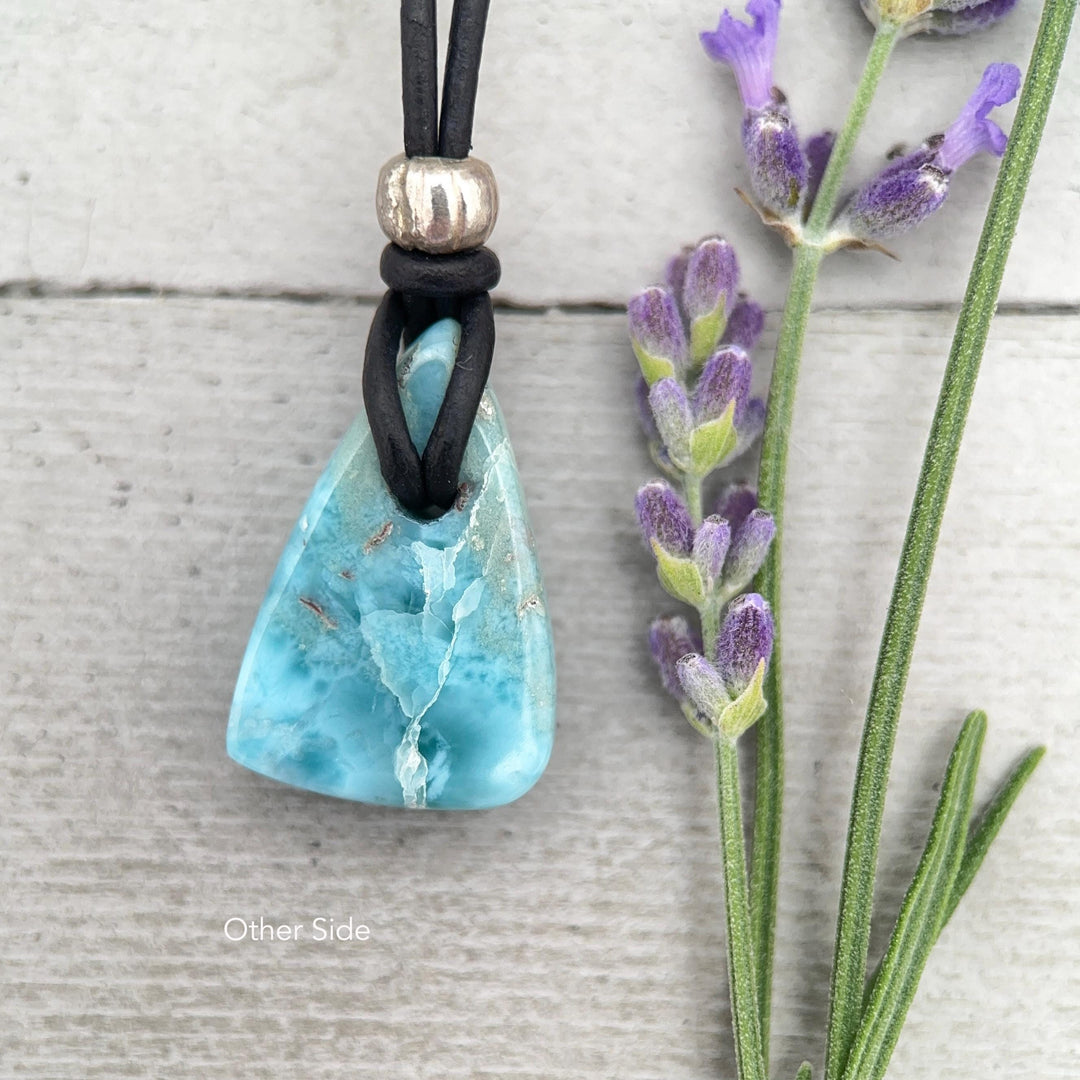 Larimar Crystal and Black Leather Pendant Necklace | Genuine Larimar & Sterling Silver Jewelry - SunlightSilver