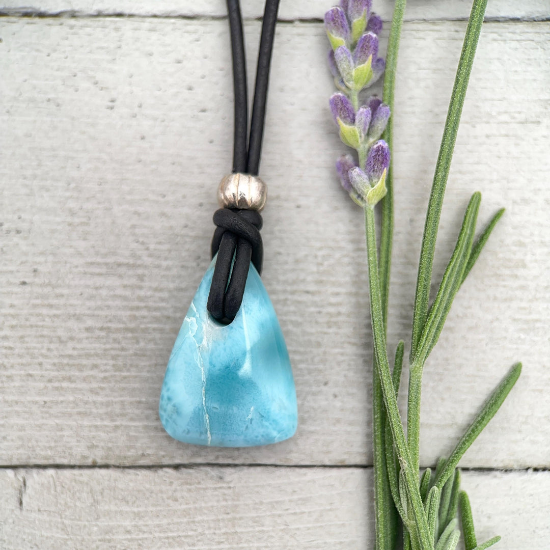 Larimar Crystal and Rustic Brown Leather Necklace - SunlightSilver