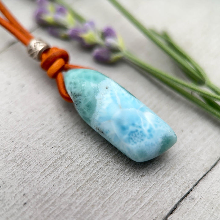 Larimar Crystal Pendant Necklace | Sterling Silver, White Freshwater Pearls, and Light Brown Leather Necklace - SunlightSilver