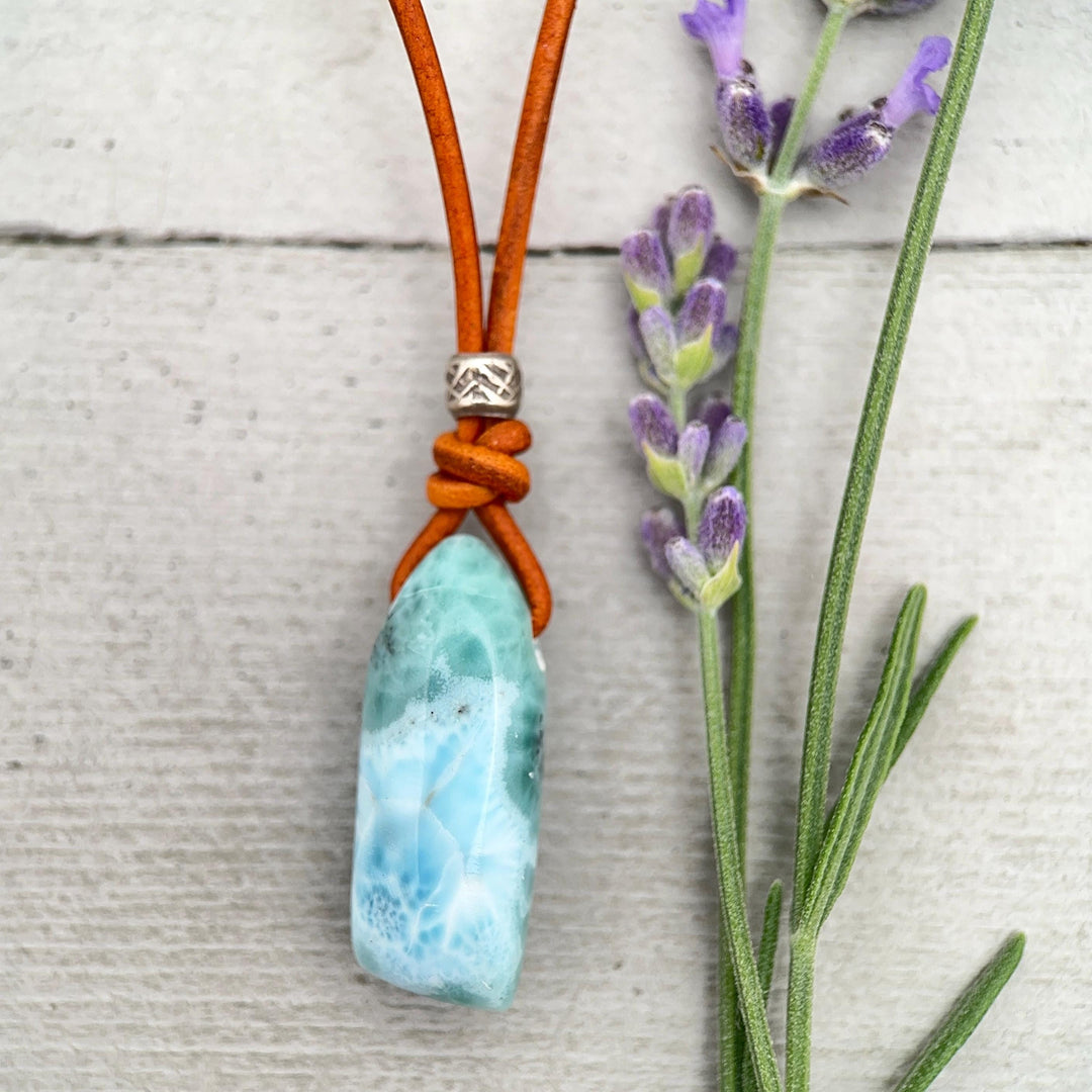 Larimar Crystal, White Freshwater Pearls, and Rustic Brown Leather Necklace - SunlightSilver