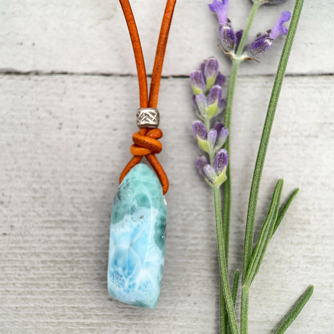 Larimar Crystal Pendant Necklace | Sterling Silver, White Freshwater Pearls, and Light Brown Leather Necklace - SunlightSilver