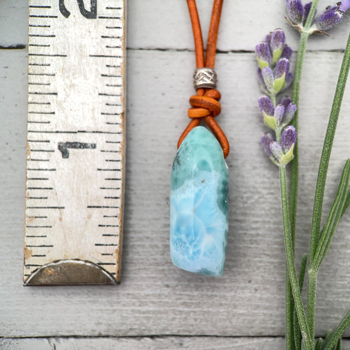 Larimar Crystal, White Freshwater Pearls, and Rustic Brown Leather Necklace - SunlightSilver
