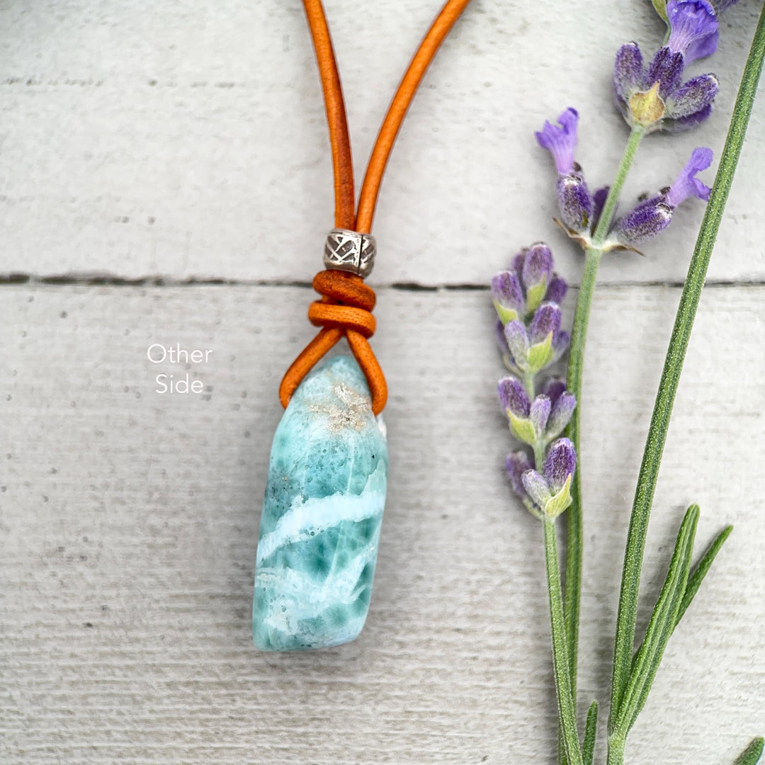 Larimar Crystal, White Freshwater Pearls, and Rustic Brown Leather Necklace - SunlightSilver