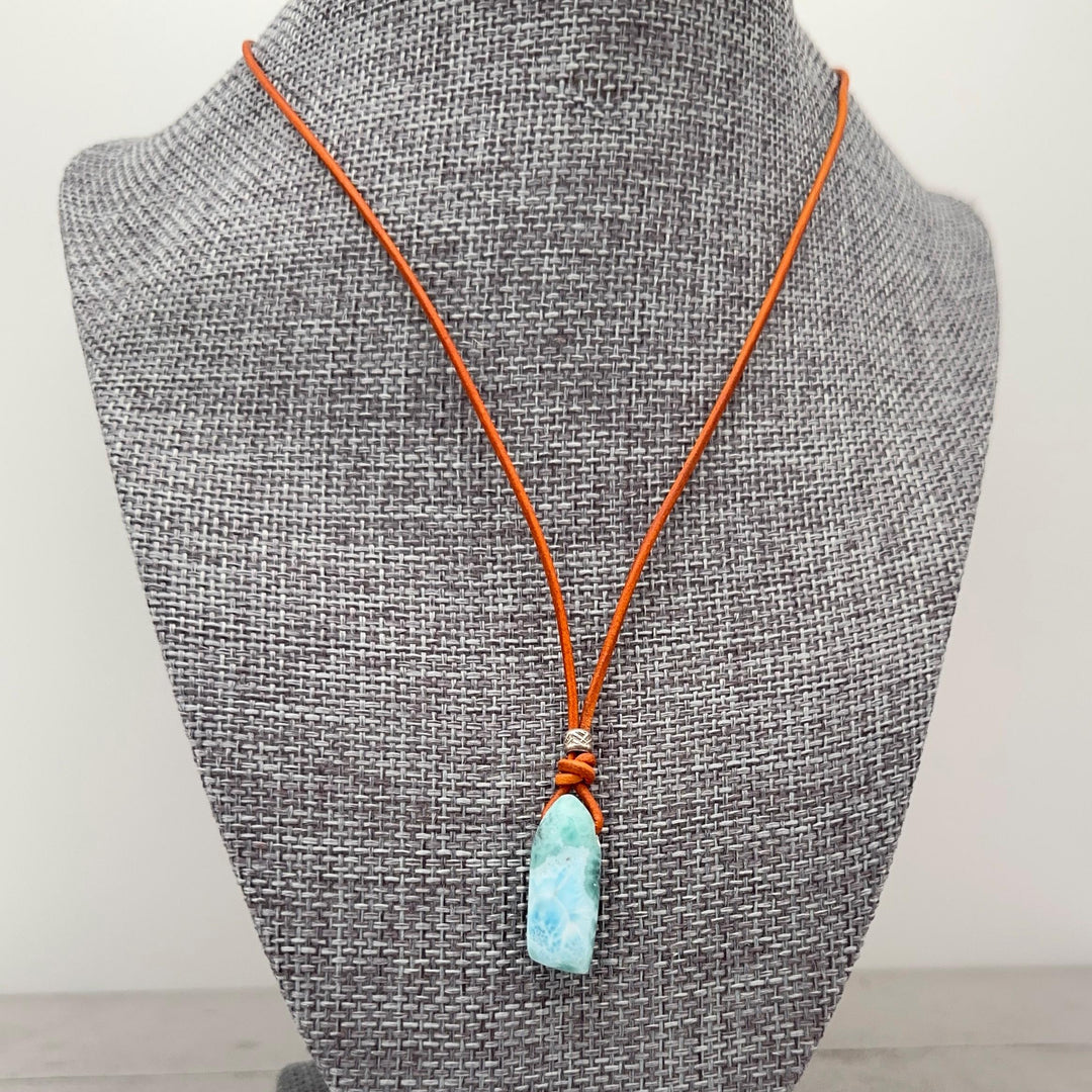 Larimar Crystal, White Freshwater Pearls, and Rustic Brown Leather Necklace - SunlightSilver