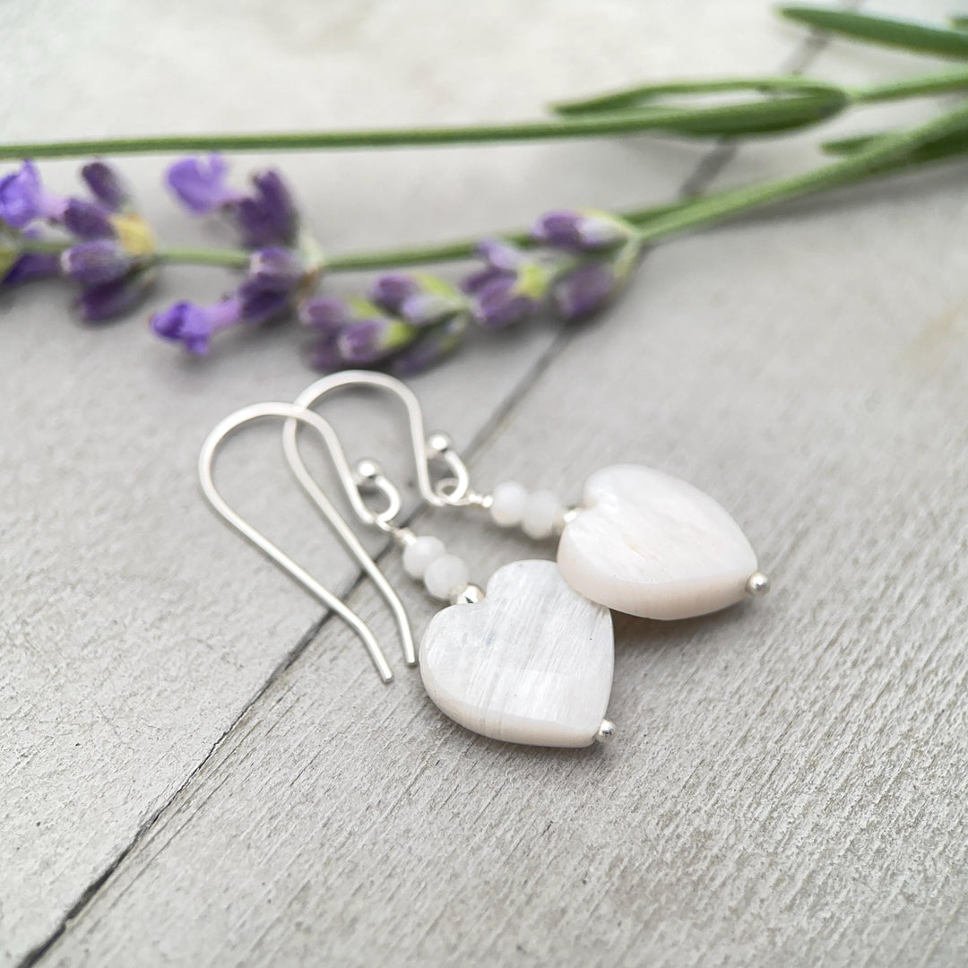 White Moonstone Heart Sterling Silver Earrings - Faceted Gemstone June Birthstone - SunlightSilver