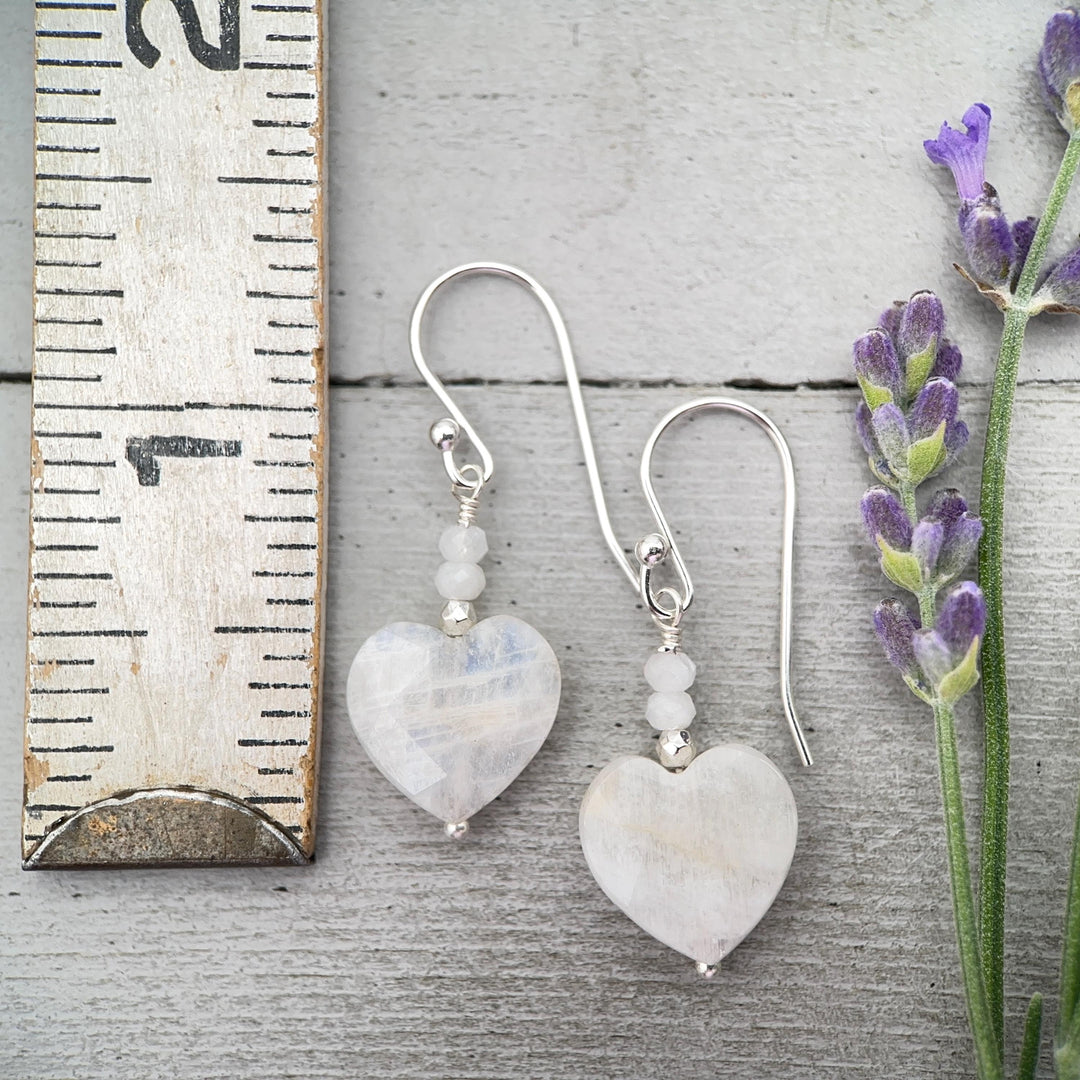 White Moonstone Heart Sterling Silver Earrings - Faceted Gemstone June Birthstone - SunlightSilver