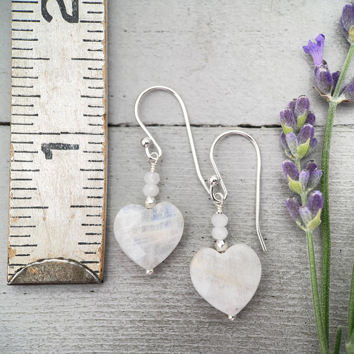 White Moonstone Heart Sterling Silver Earrings - Faceted Gemstone June Birthstone - SunlightSilver