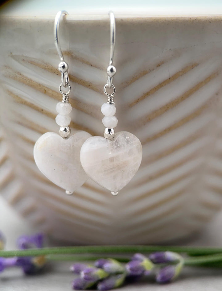 White Moonstone Heart Sterling Silver Earrings - Faceted Gemstone June Birthstone - SunlightSilver
