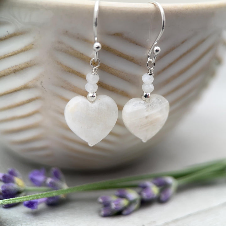 White Moonstone Heart Sterling Silver Earrings - Faceted Gemstone June Birthstone - SunlightSilver