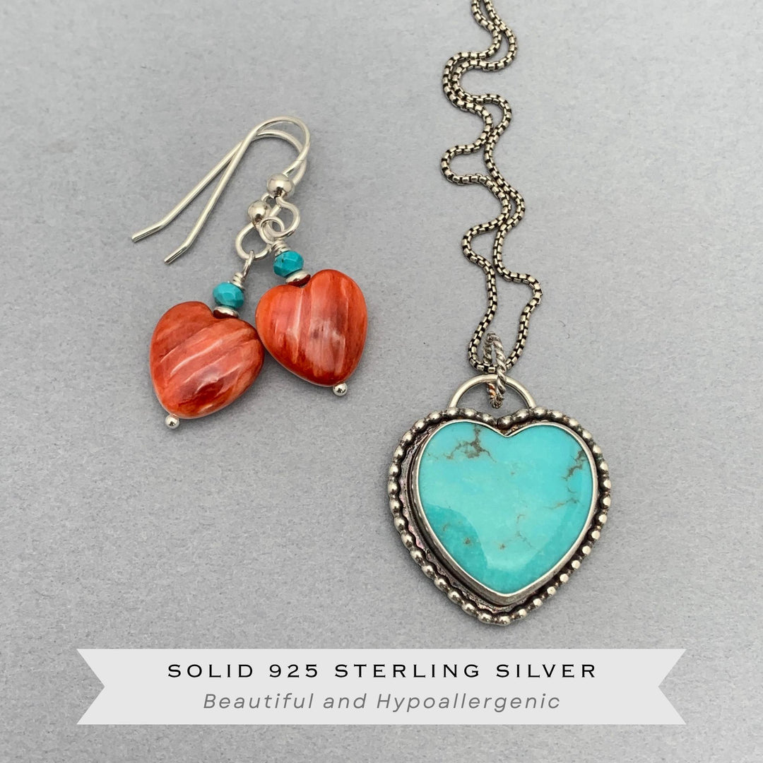 Red Spiny Oyster Heart Earrings | Sterling Silver with Turquoise | Handmade Heart Jewelry - SunlightSilver