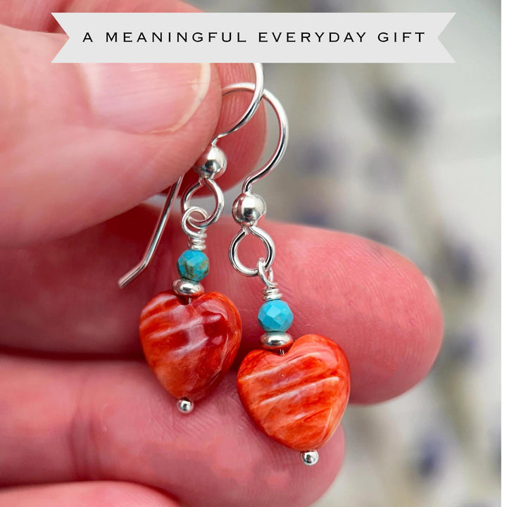 Red Spiny Oyster Heart Earrings | Sterling Silver with Turquoise | Handmade Heart Jewelry - SunlightSilver