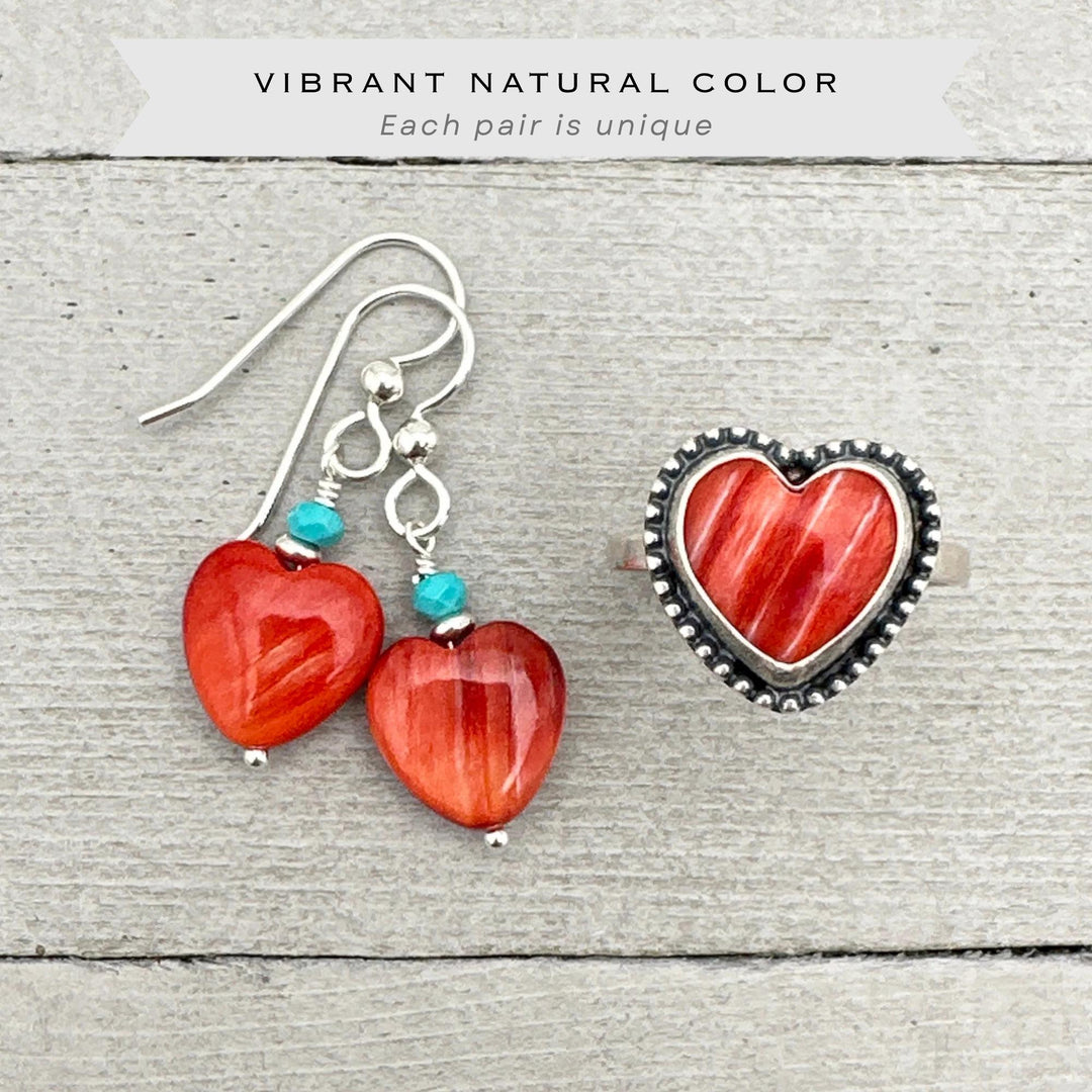 Red Spiny Oyster Heart Earrings | Sterling Silver with Turquoise | Handmade Heart Jewelry - SunlightSilver
