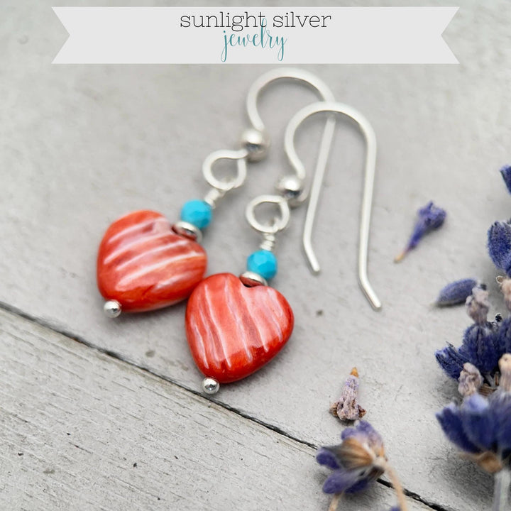 Red Spiny Oyster Heart Earrings | Sterling Silver with Turquoise | Handmade Heart Jewelry - SunlightSilver