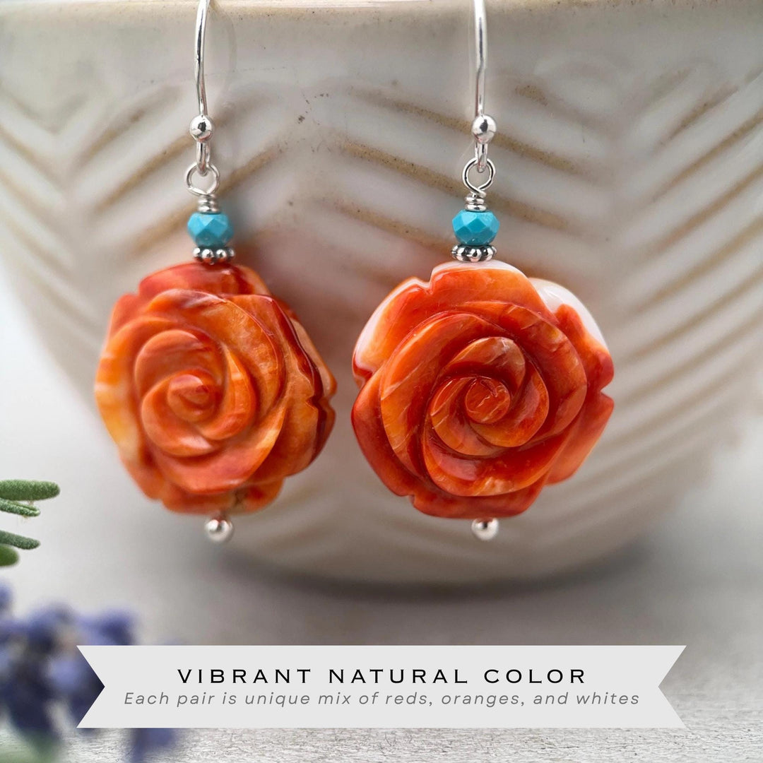 Spiny Oyster & Turquoise Earrings - Sterling Silver – Orange-Red Carved Shell Rose Flower Jewelry - SunlightSilver