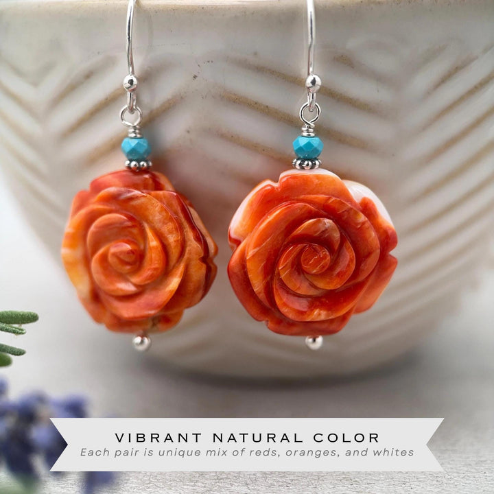 Spiny Oyster & Turquoise Earrings - Sterling Silver – Orange-Red Carved Shell Rose Flower Jewelry - SunlightSilver