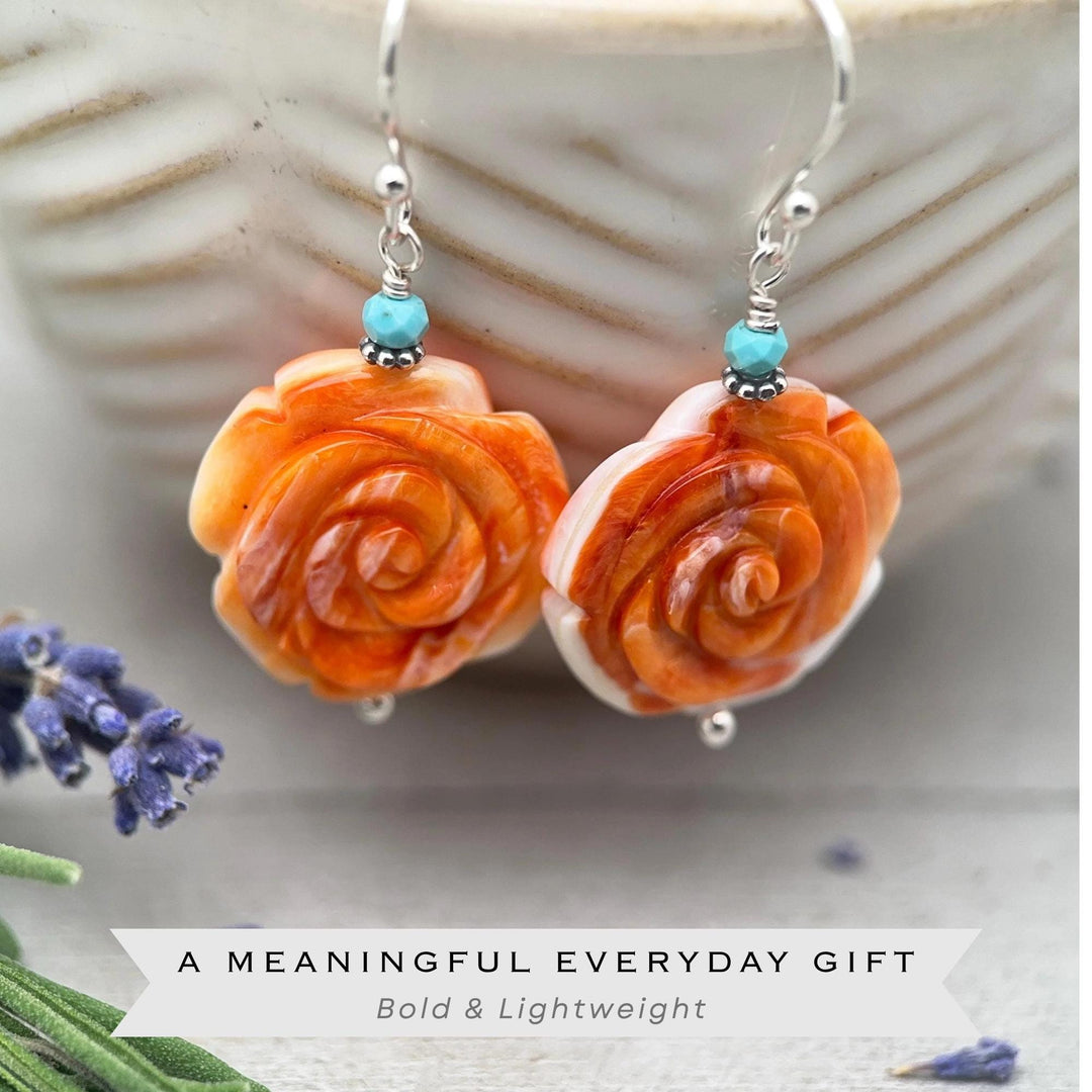 Spiny Oyster & Turquoise Earrings - Sterling Silver – Orange-Red Carved Shell Rose Flower Jewelry - SunlightSilver