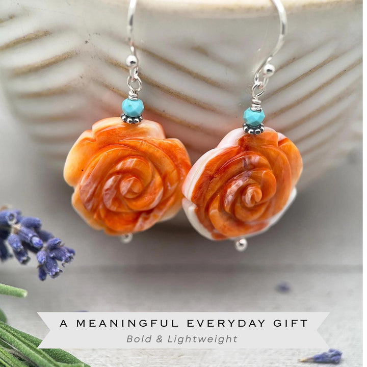 Spiny Oyster & Turquoise Earrings - Sterling Silver – Orange-Red Carved Shell Rose Flower Jewelry - SunlightSilver