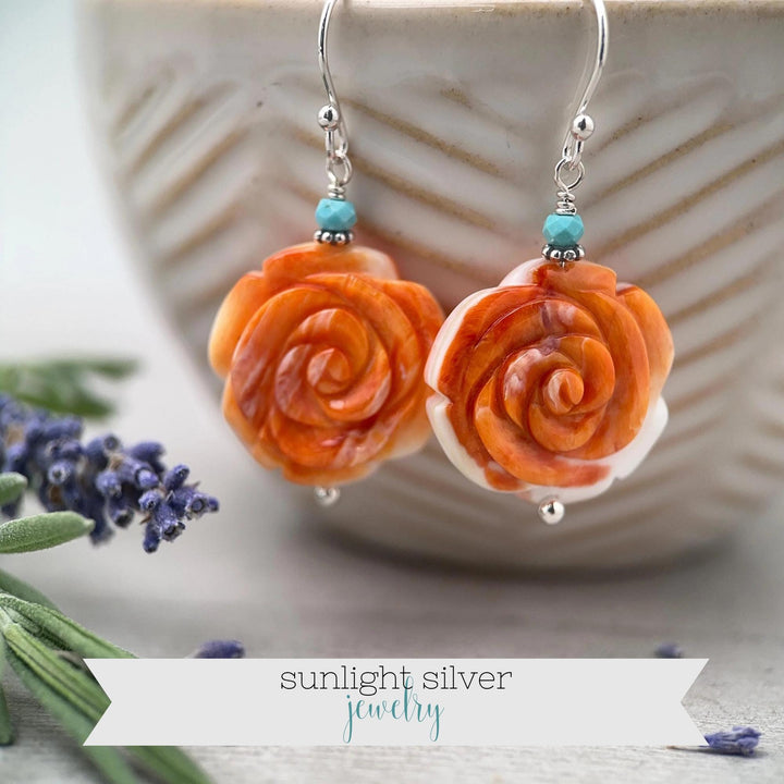 Spiny Oyster & Turquoise Earrings - Sterling Silver – Orange-Red Carved Shell Rose Flower Jewelry - SunlightSilver