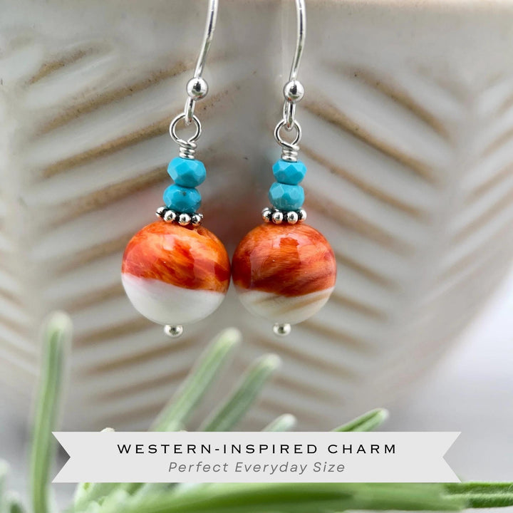 Spiny Oyster & Turquoise Earrings | Orange-Red, and White Shell | Sterling Silver Jewelry - SunlightSilver