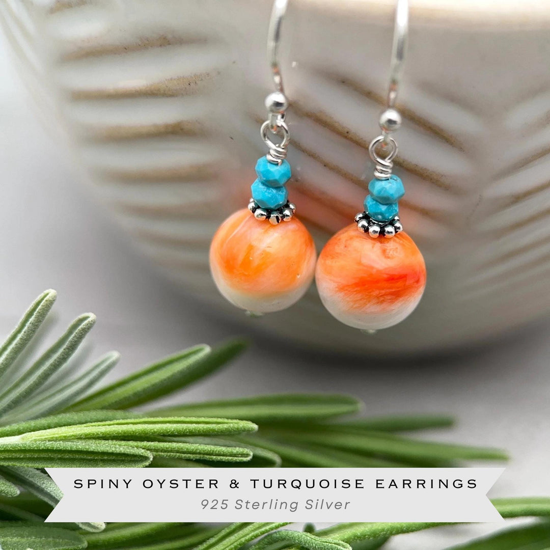 Spiny Oyster & Turquoise Earrings | Orange-Red, and White Shell | Sterling Silver Jewelry - SunlightSilver