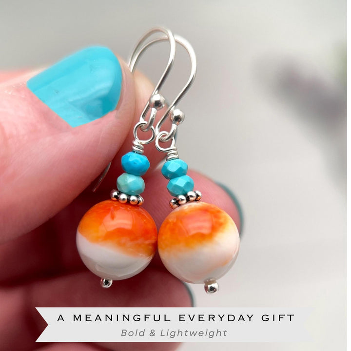 Spiny Oyster & Turquoise Earrings | Orange-Red, and White Shell | Sterling Silver Jewelry - SunlightSilver
