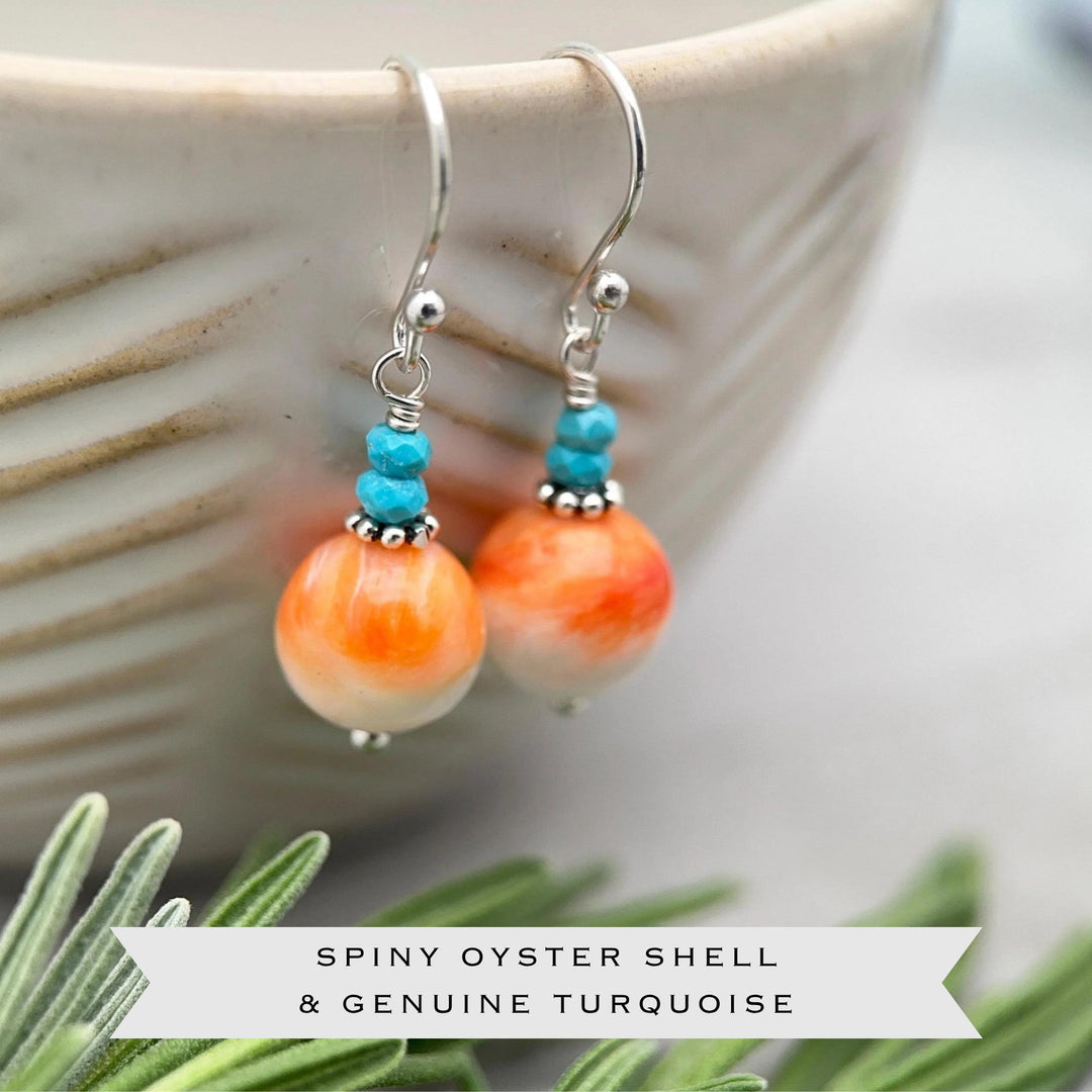 Spiny Oyster & Turquoise Earrings | Orange-Red, and White Shell | Sterling Silver Jewelry - SunlightSilver
