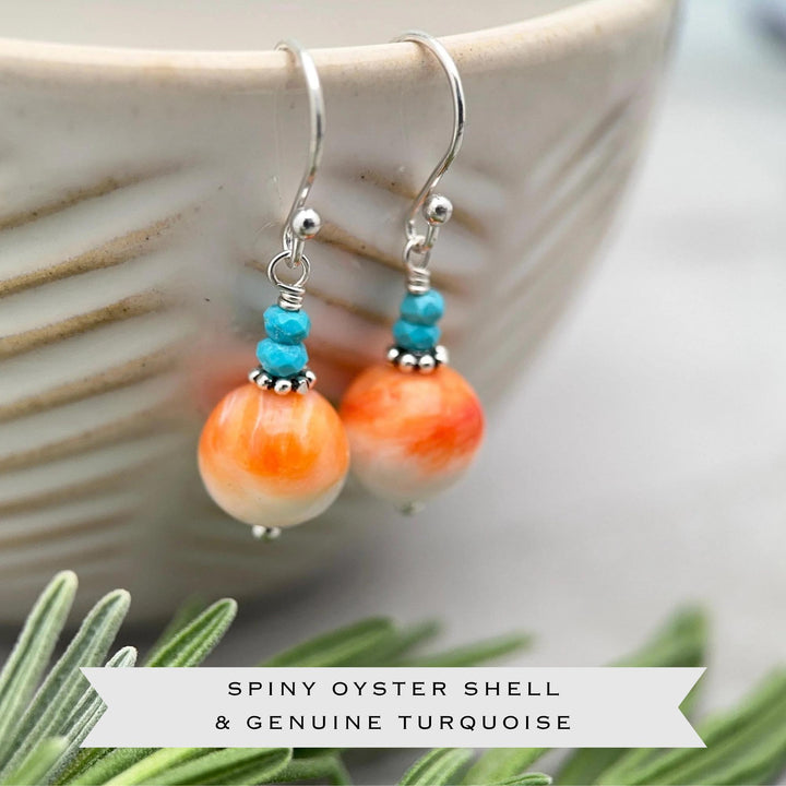 Spiny Oyster & Turquoise Earrings | Orange-Red, and White Shell | Sterling Silver Jewelry - SunlightSilver