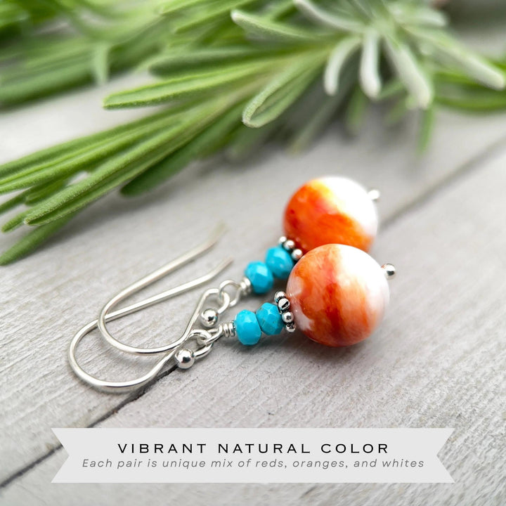 Spiny Oyster & Turquoise Earrings | Orange-Red, and White Shell | Sterling Silver Jewelry - SunlightSilver