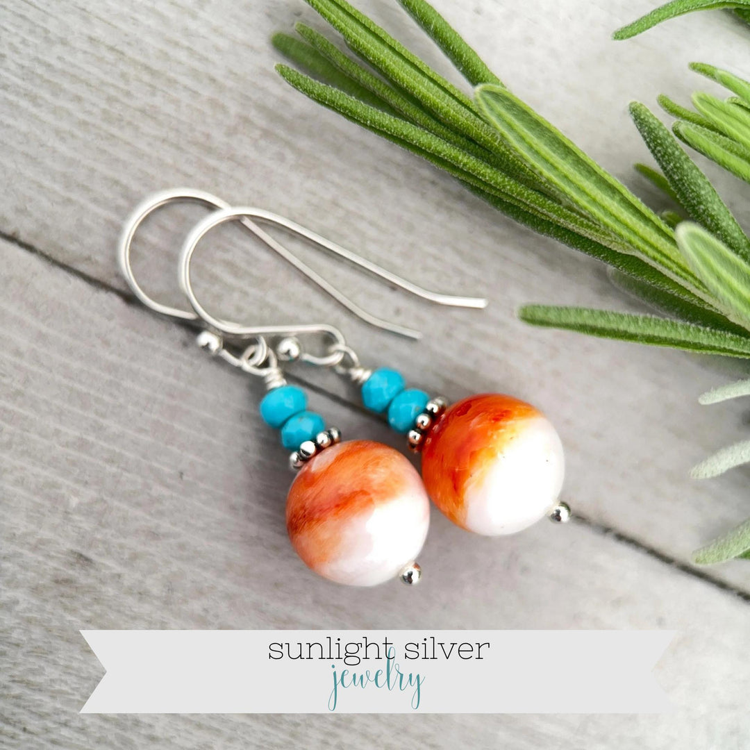 Spiny Oyster & Turquoise Earrings | Orange-Red, and White Shell | Sterling Silver Jewelry - SunlightSilver