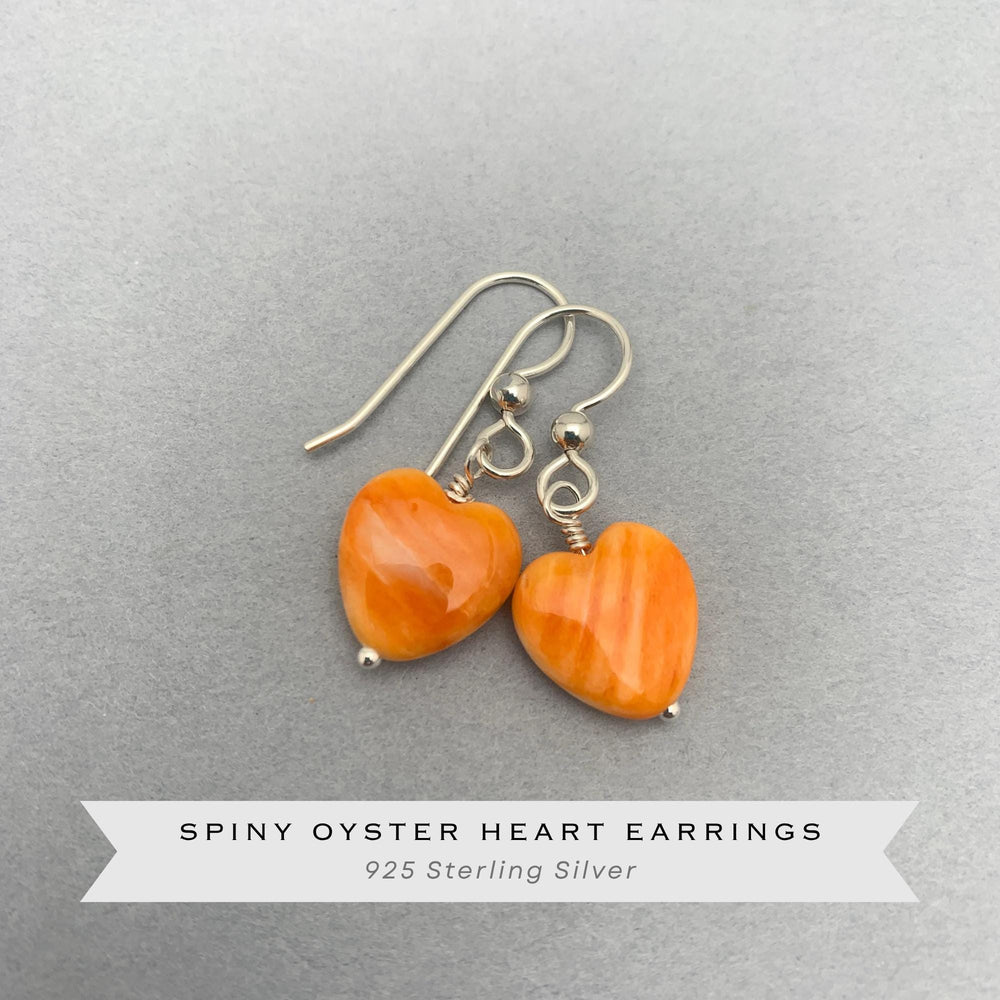 Orange Spiny Oyster Shell Heart and Sterling Silver Earrings - SunlightSilver