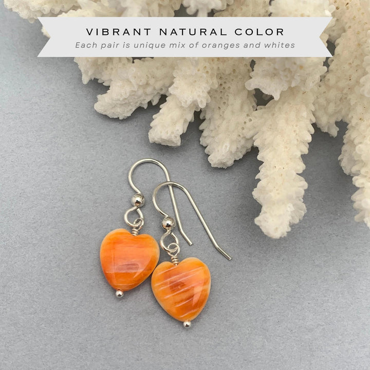 Orange Spiny Oyster Shell Heart and Sterling Silver Earrings - SunlightSilver