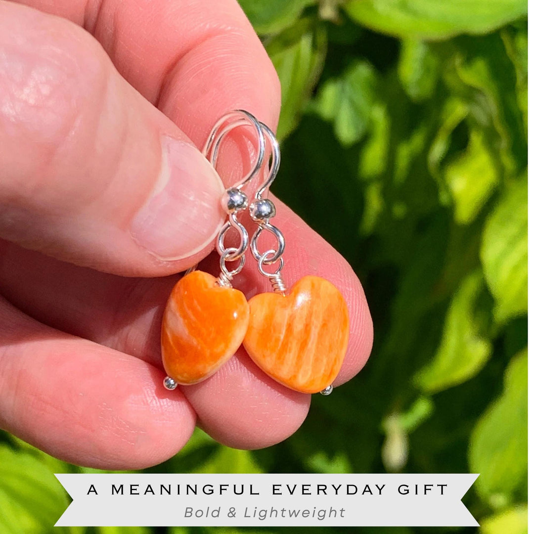 Orange Spiny Oyster Shell Heart and Sterling Silver Earrings - SunlightSilver