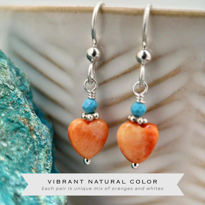 Petite Spiny Oyster and Turquoise Earrings – Orange Heart Shell Jewelry in 925 Silver -Turquoise Accents - SunlightSilver