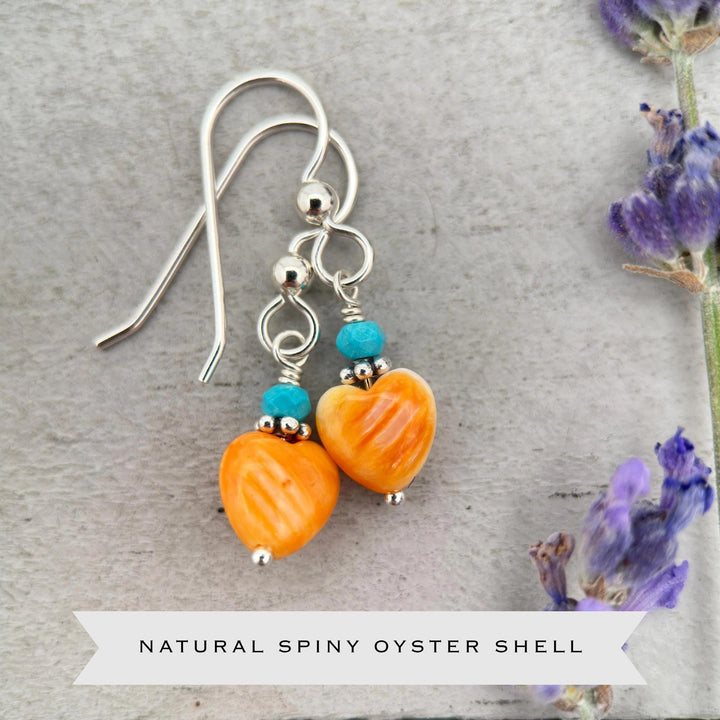 Petite Spiny Oyster and Turquoise Earrings – Orange Heart Shell Jewelry in 925 Silver -Turquoise Accents - SunlightSilver