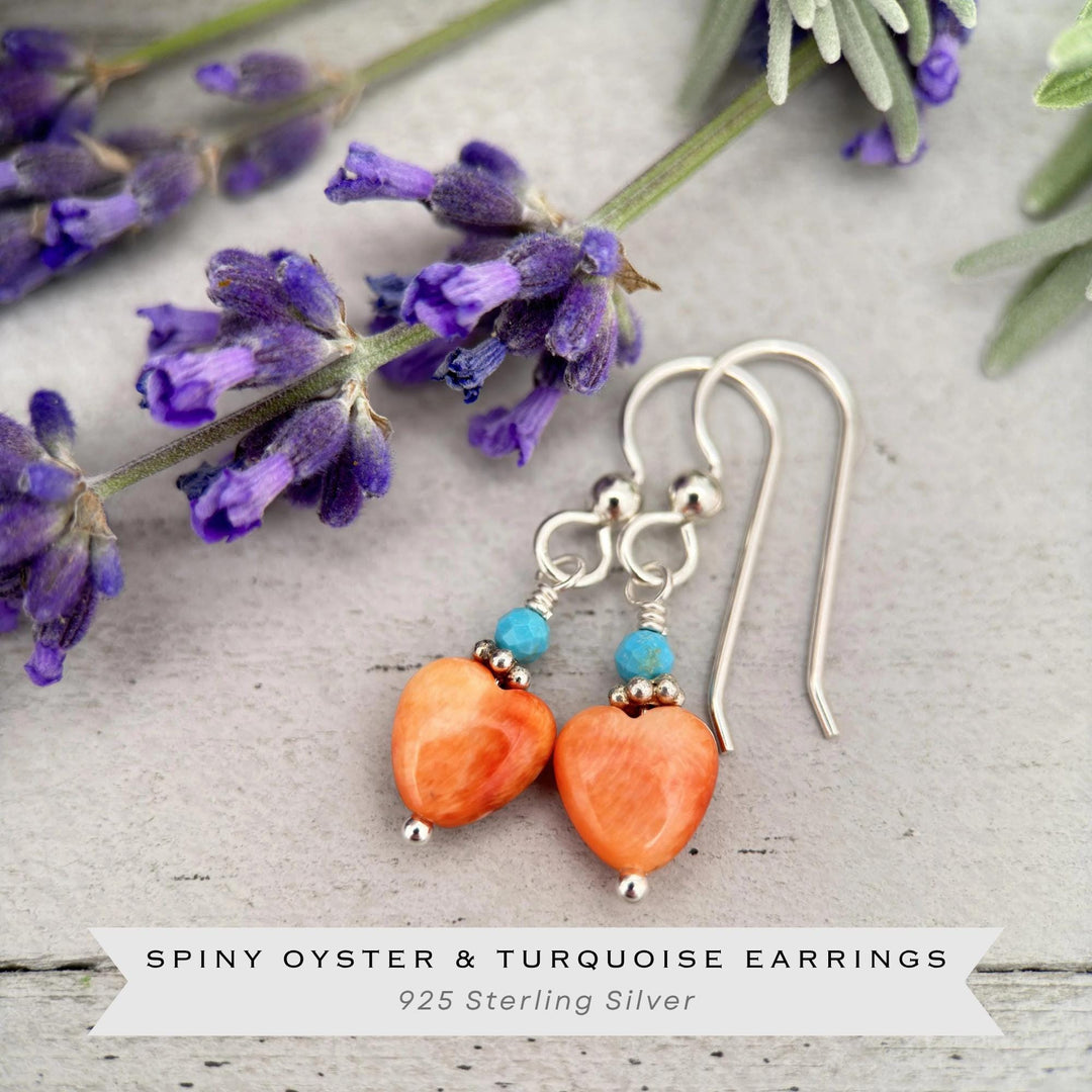 Petite Spiny Oyster and Turquoise Earrings – Orange Heart Shell Jewelry in 925 Silver -Turquoise Accents - SunlightSilver