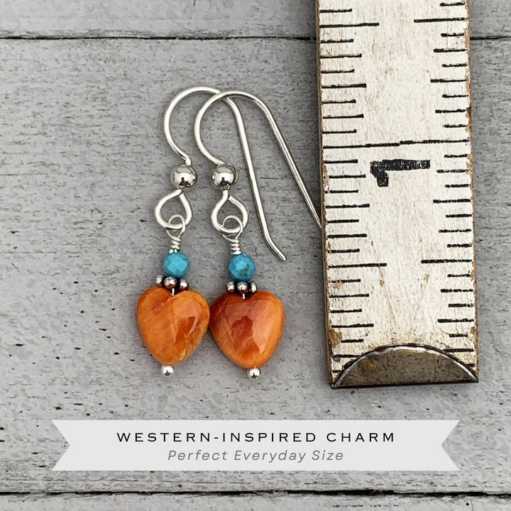 Petite Spiny Oyster and Turquoise Earrings – Orange Heart Shell Jewelry in 925 Silver -Turquoise Accents - SunlightSilver