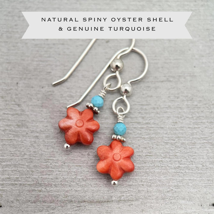 Small Red Spiny Oyster Shell Flower, Turquoise, and Sterling Silver Earrings - SunlightSilver