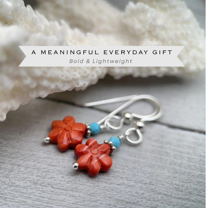 Small Red Spiny Oyster Shell Flower, Turquoise, and Sterling Silver Earrings - SunlightSilver