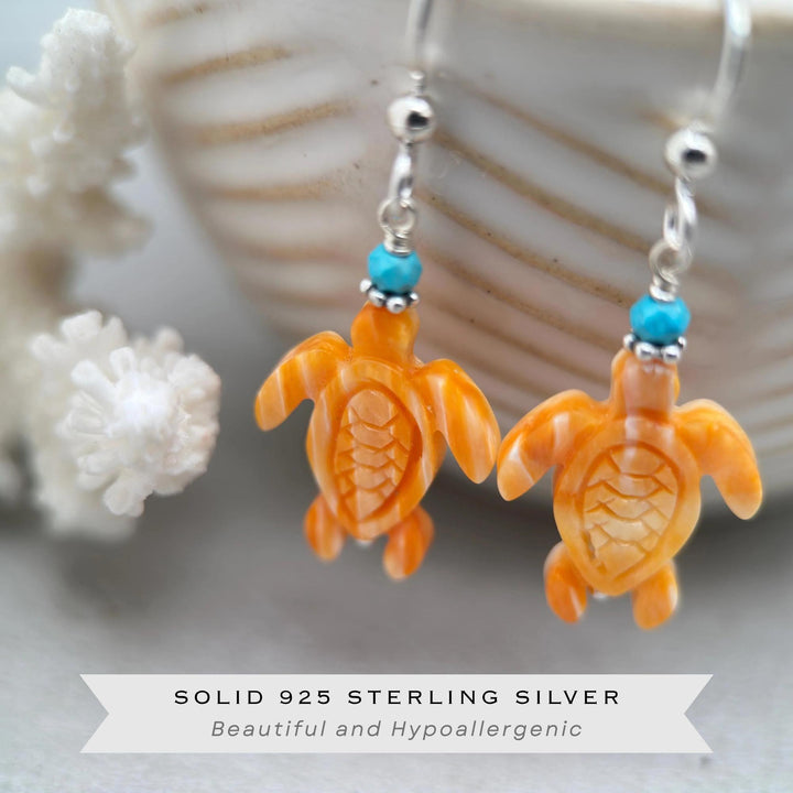 Spiny Oyster Shell Sea Turtle Earrings with Turquoise | Sterling Silver Southwestern Coastal Jewelry - SunlightSilver