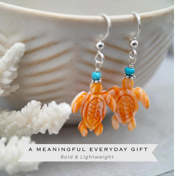 Spiny Oyster Shell Sea Turtle Earrings with Turquoise | Sterling Silver Southwestern Coastal Jewelry - SunlightSilver