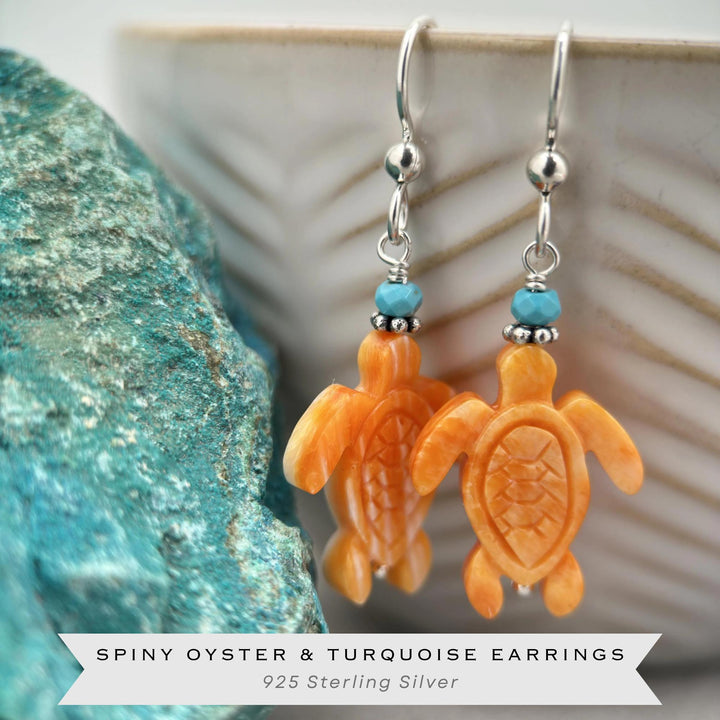Spiny Oyster Shell Sea Turtle Earrings with Turquoise | Sterling Silver Southwestern Coastal Jewelry - SunlightSilver