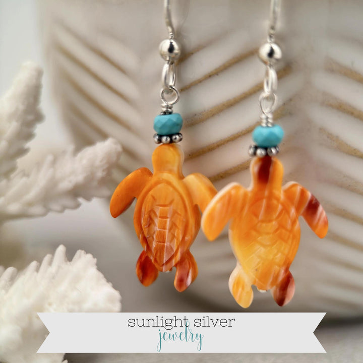 Spiny Oyster Shell Sea Turtle Earrings with Turquoise | Sterling Silver Southwestern Coastal Jewelry - SunlightSilver