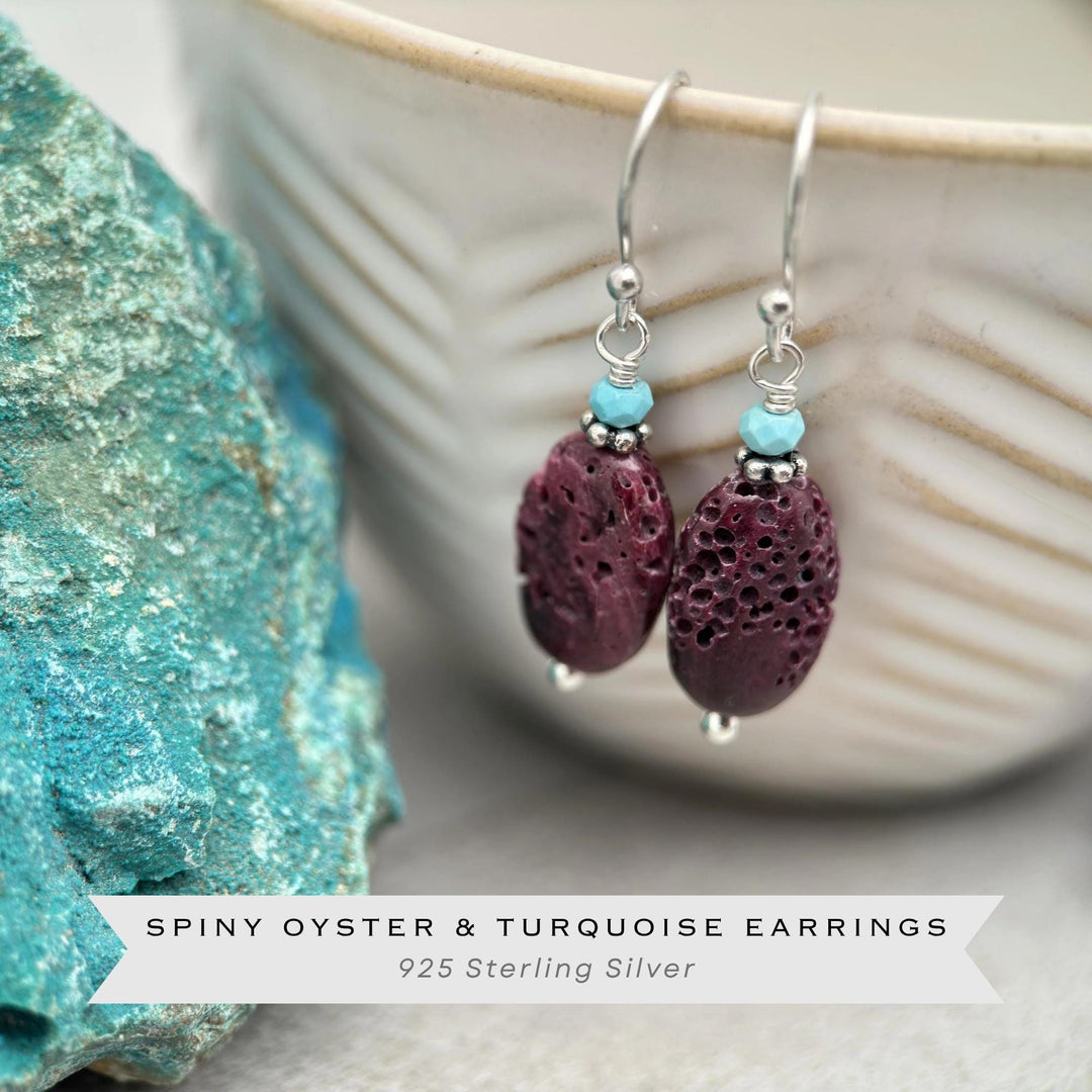 Purple Spiny Oyster Earrings - Turquoise & Sterling Silver - Southwest Style Shell Jewelry - SunlightSilver