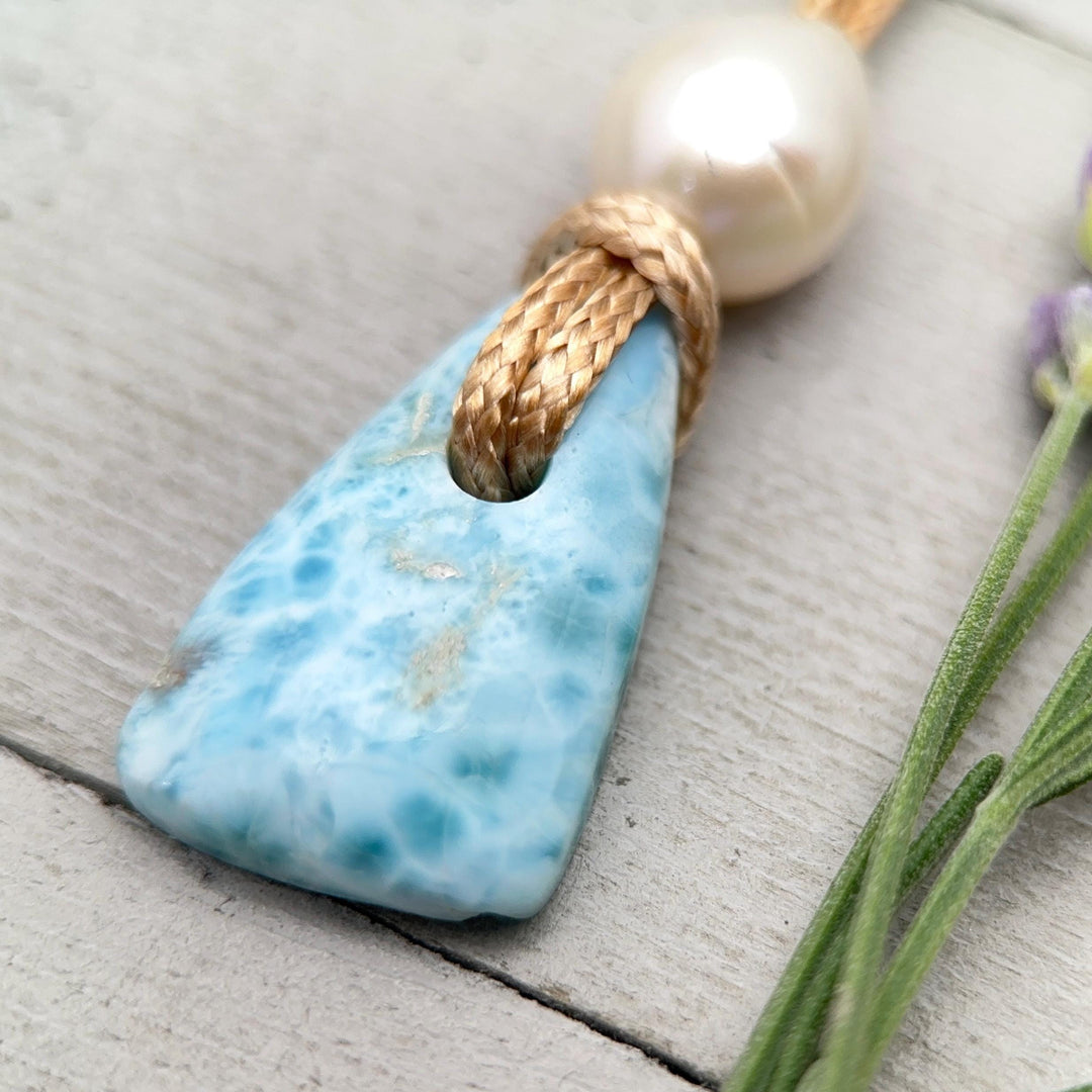 Larimar and Rustic Brown Leather Necklace with Freshwater Pearl - SunlightSilver