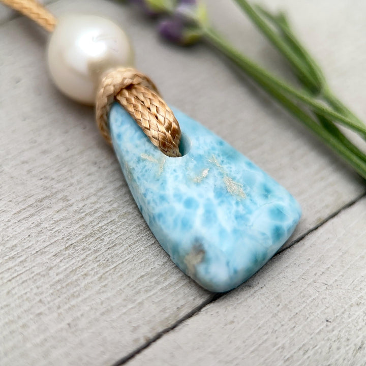 Larimar and Rustic Brown Leather Necklace with Freshwater Pearl - SunlightSilver