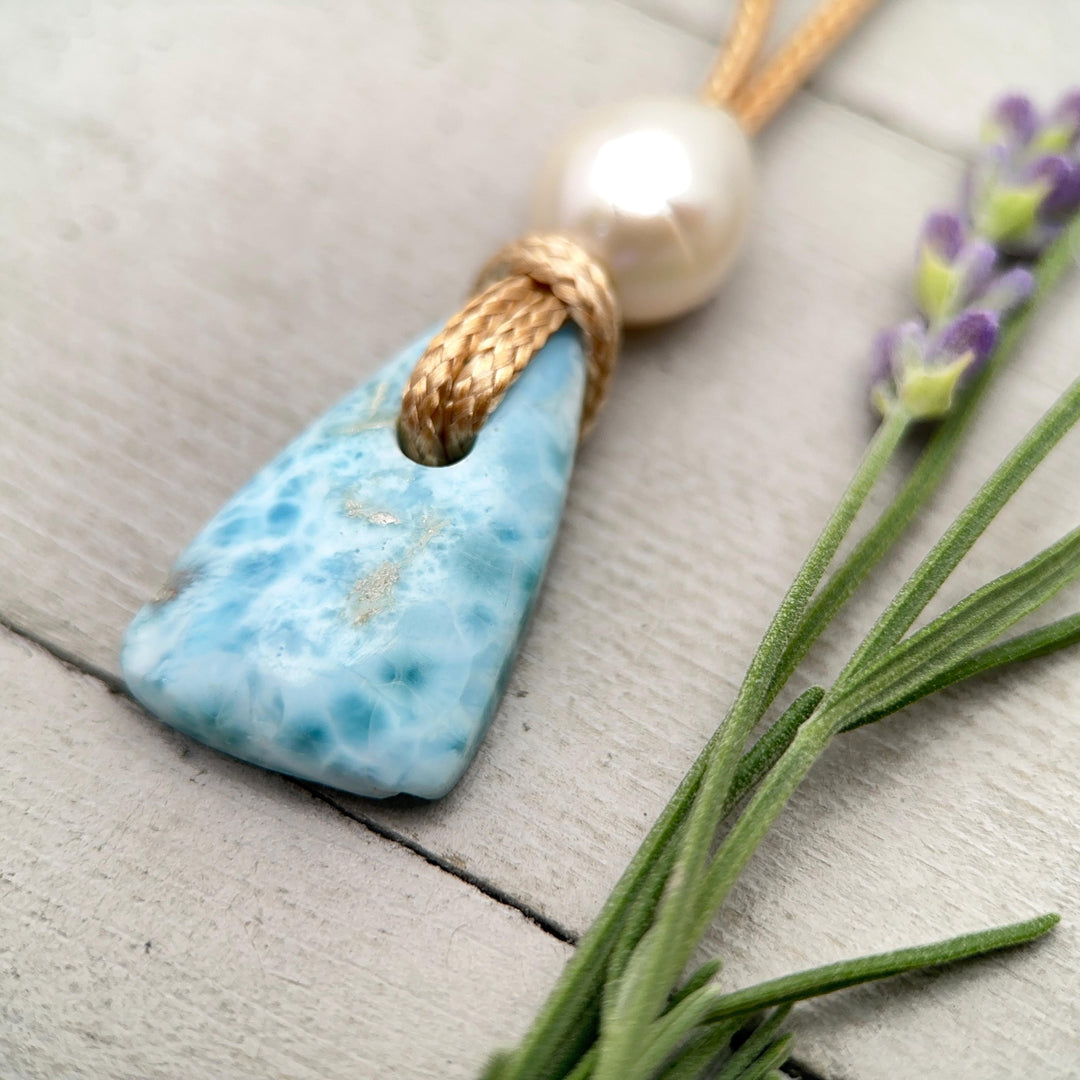 Larimar and Freshwater Pearl Necklace - Dominican Larimar Vegan Cord Necklace - Ocean Inspired Gift - SunlightSilver