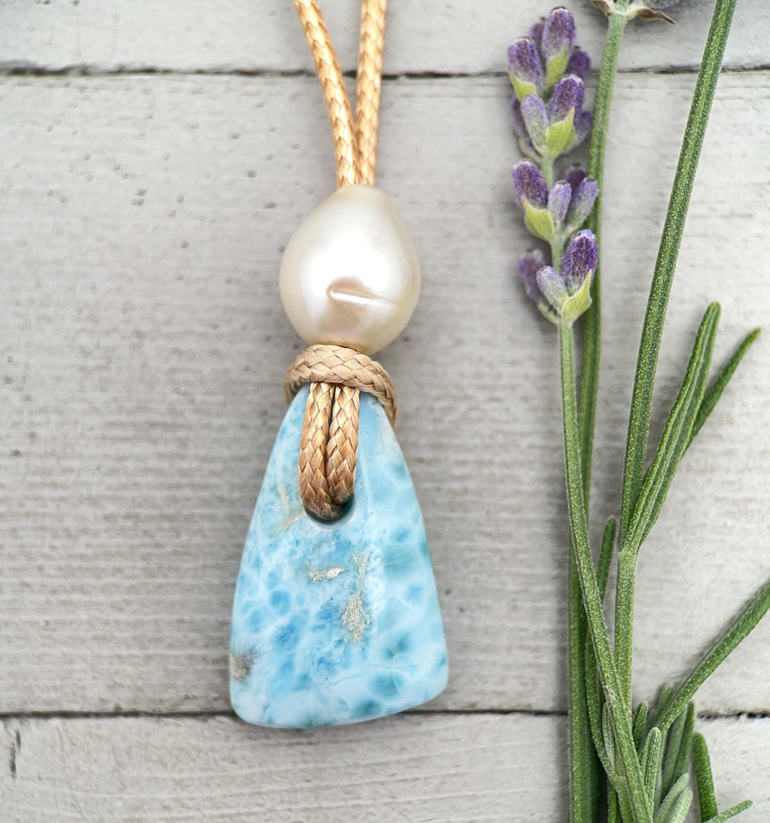Larimar and Rustic Brown Leather Necklace with Freshwater Pearl - SunlightSilver