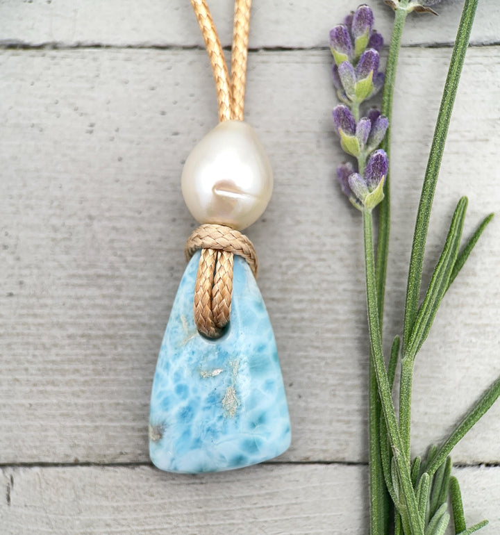 Larimar and Rustic Brown Leather Necklace with Freshwater Pearl - SunlightSilver